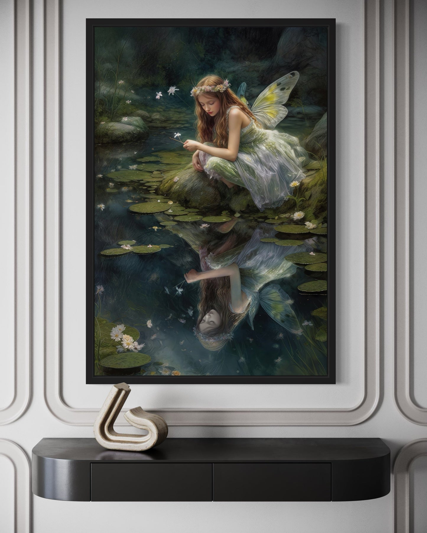 Beautiful Forest Looking At Her Reflection Fairy Near Pond Framed Canvas Wall Art