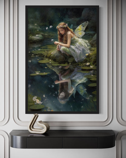 Beautiful Forest Looking At Her Reflection Fairy Near Pond Framed Canvas Wall Art