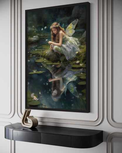 Beautiful Forest Looking At Her Reflection Fairy Near Pond Framed Canvas Wall Art