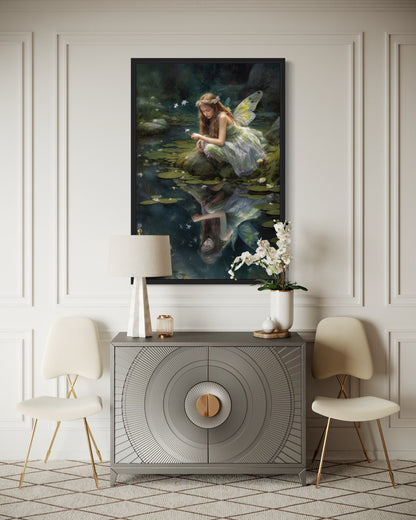 Beautiful Forest Looking At Her Reflection Fairy Near Pond Framed Canvas Wall Art