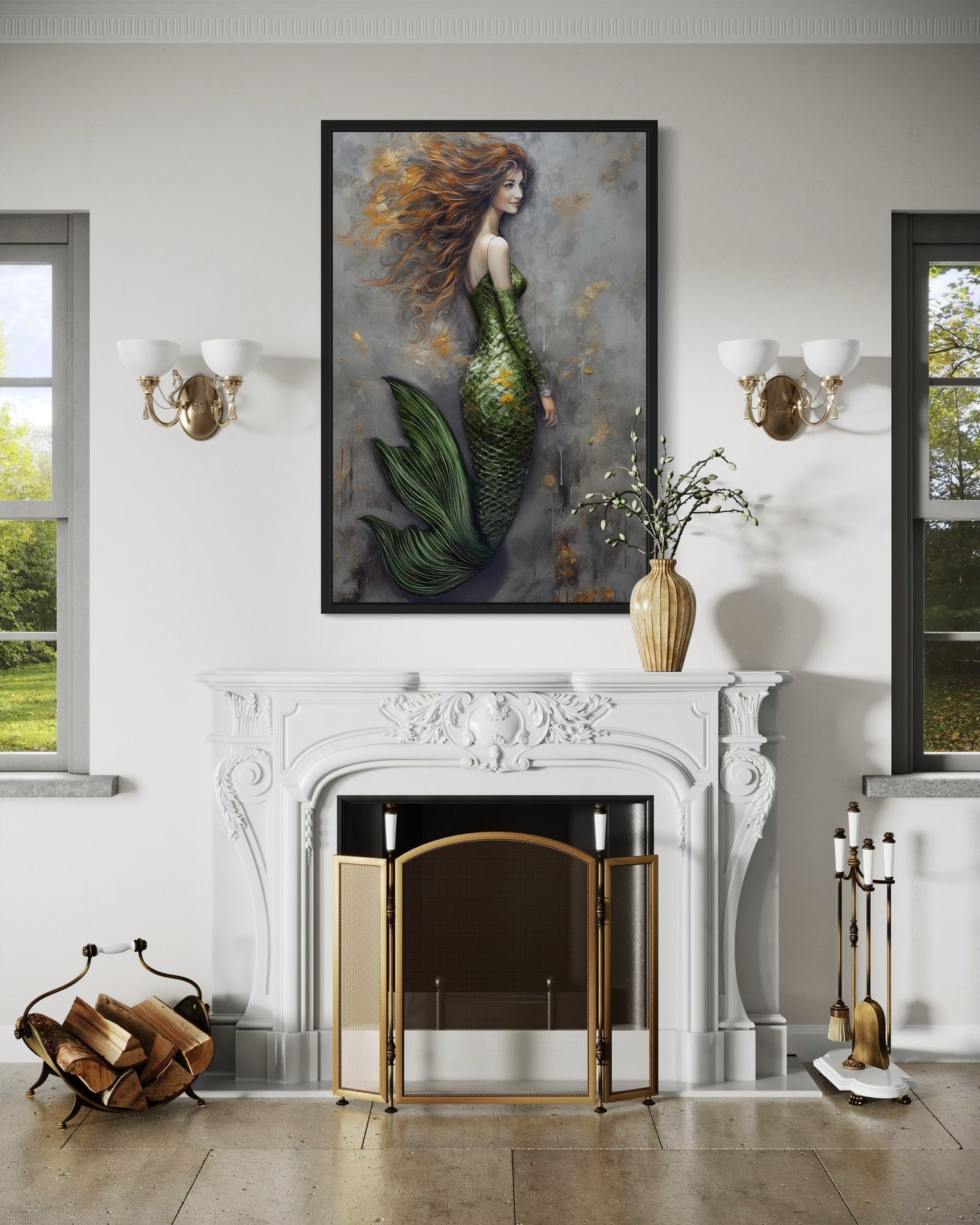 Beautiful Mermaid With Green Tail Framed Canvas Wall Art