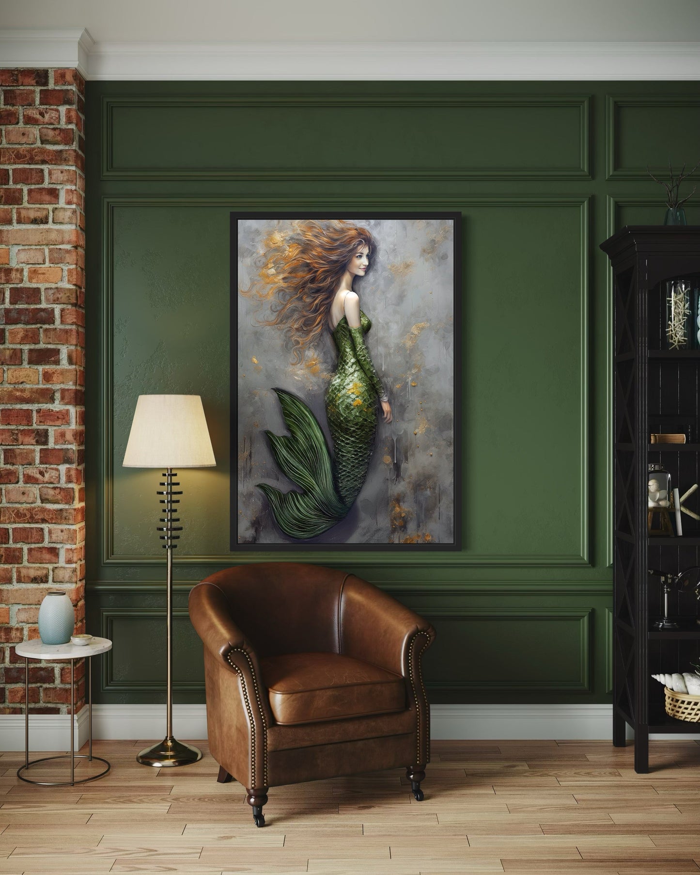 Beautiful Mermaid With Green Tail Framed Canvas Wall Art