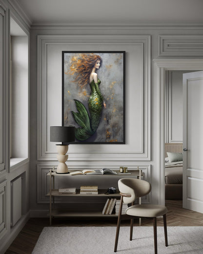Beautiful Mermaid With Green Tail Framed Canvas Wall Art