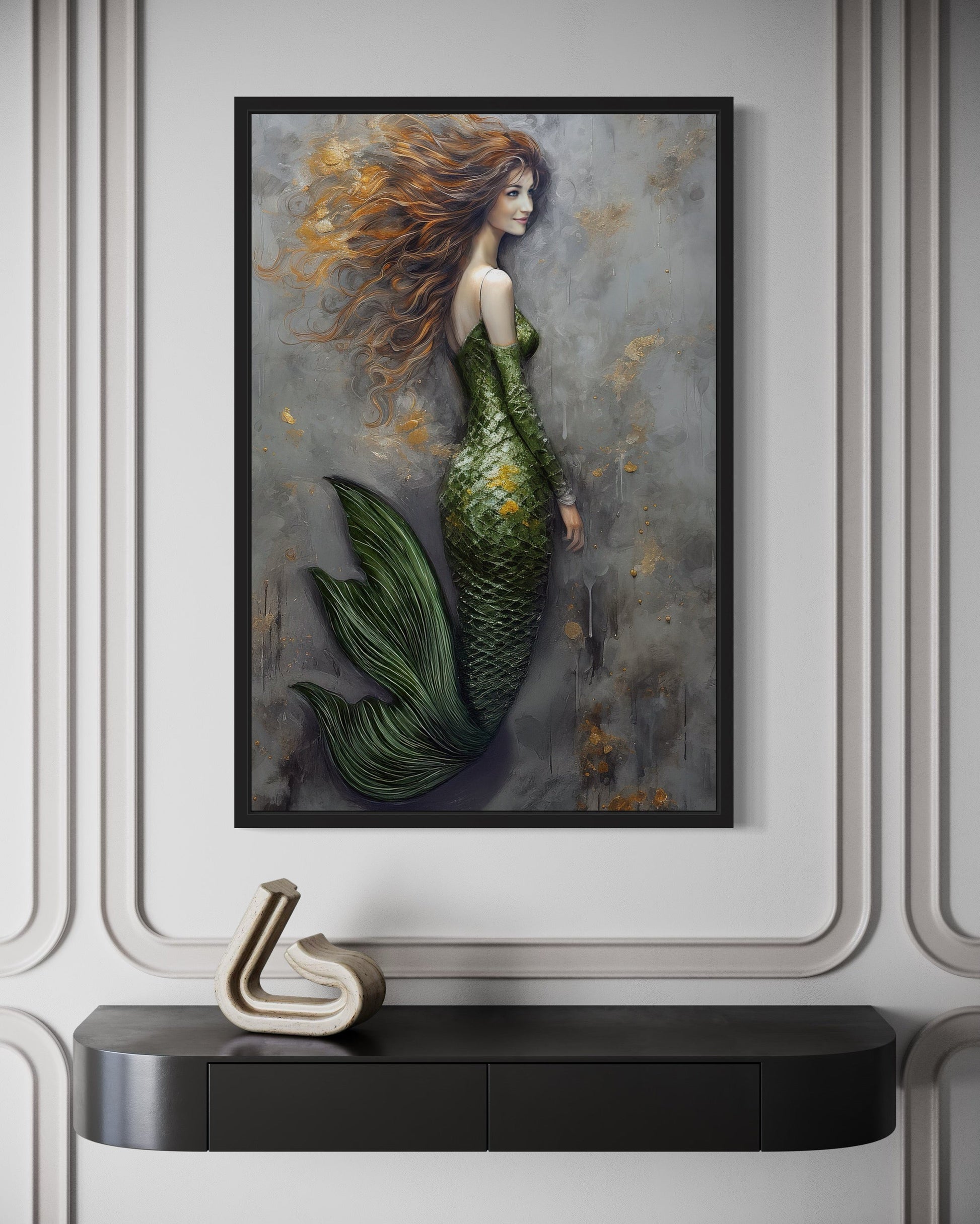 Beautiful Mermaid With Green Tail Framed Canvas Wall Art