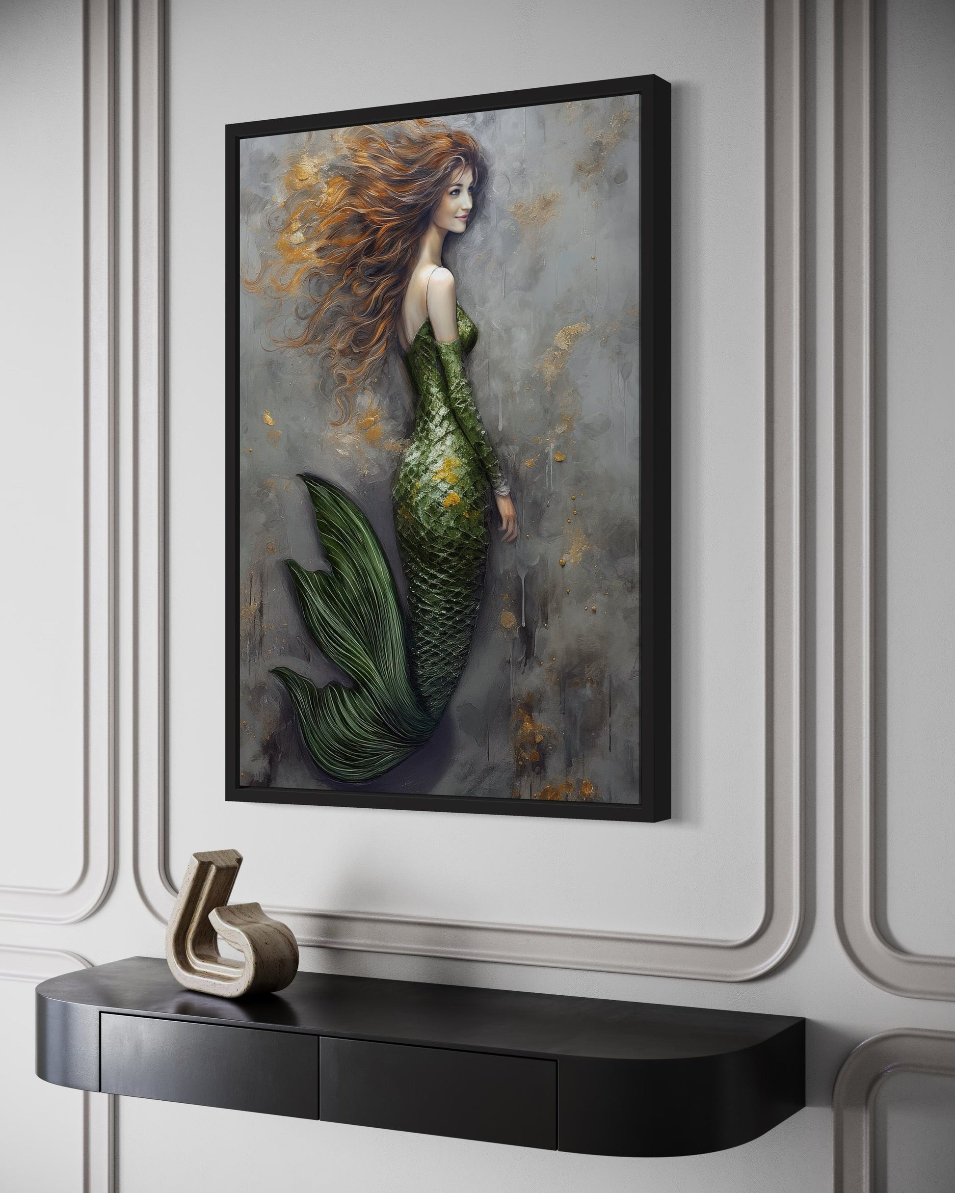 Beautiful Mermaid With Green Tail Framed Canvas Wall Art