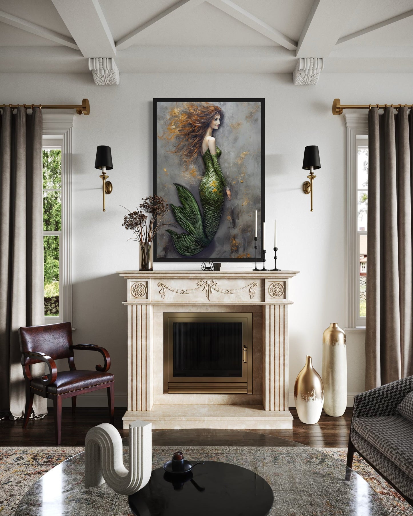 Beautiful Mermaid With Green Tail Framed Canvas Wall Art