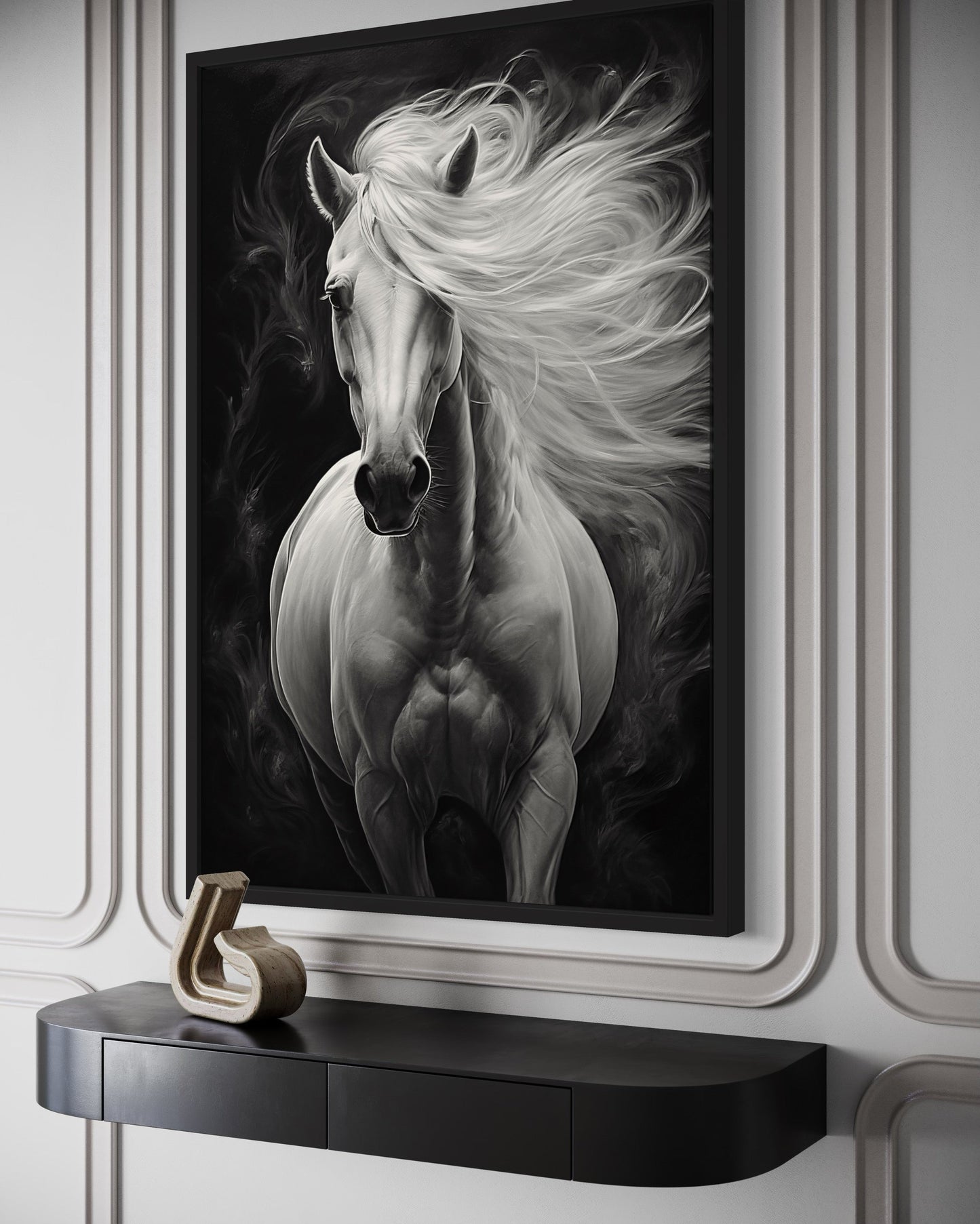 Beautiful White Horse On Black Background Framed Canvas Wall Art