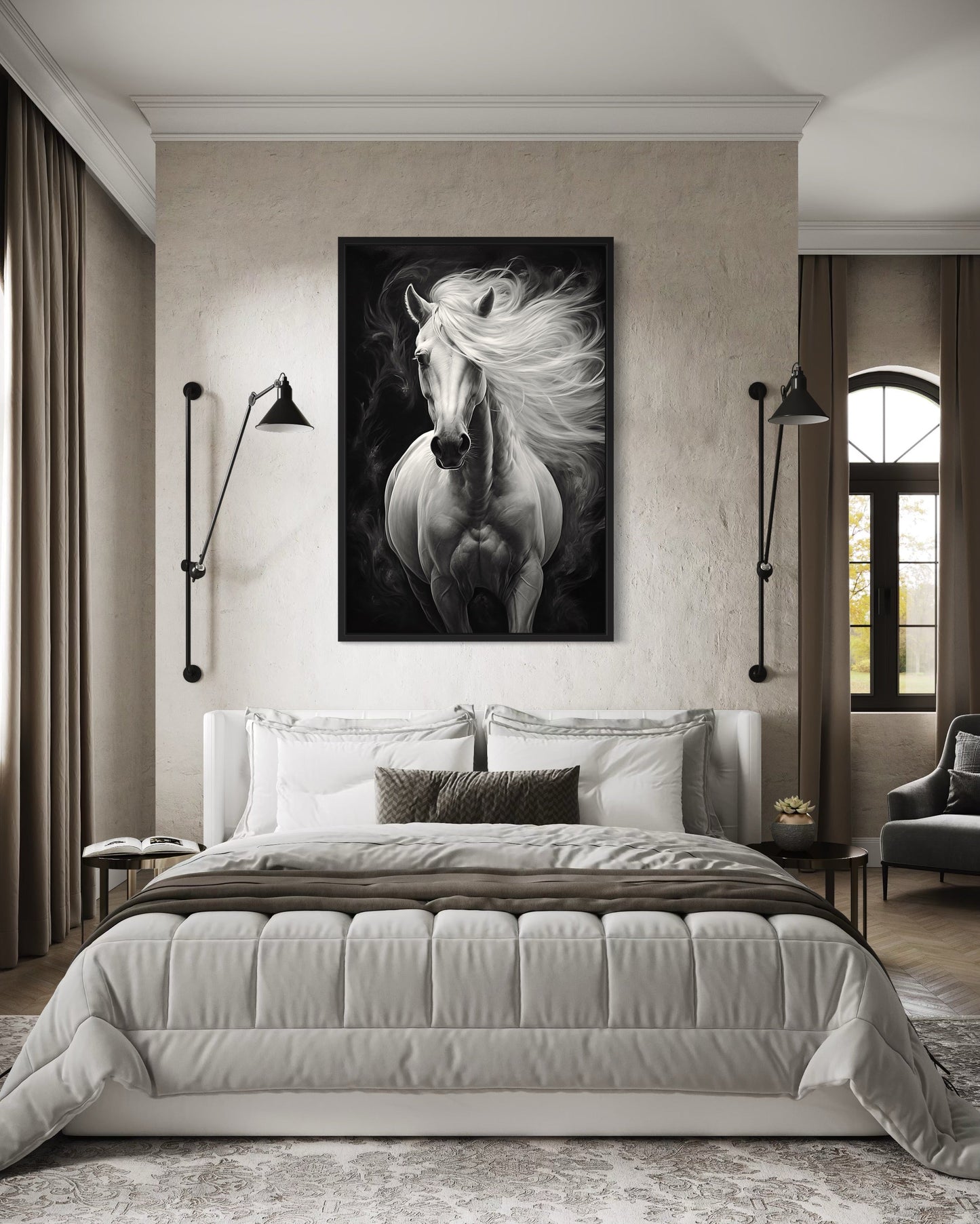 Beautiful White Horse On Black Background Framed Canvas Wall Art