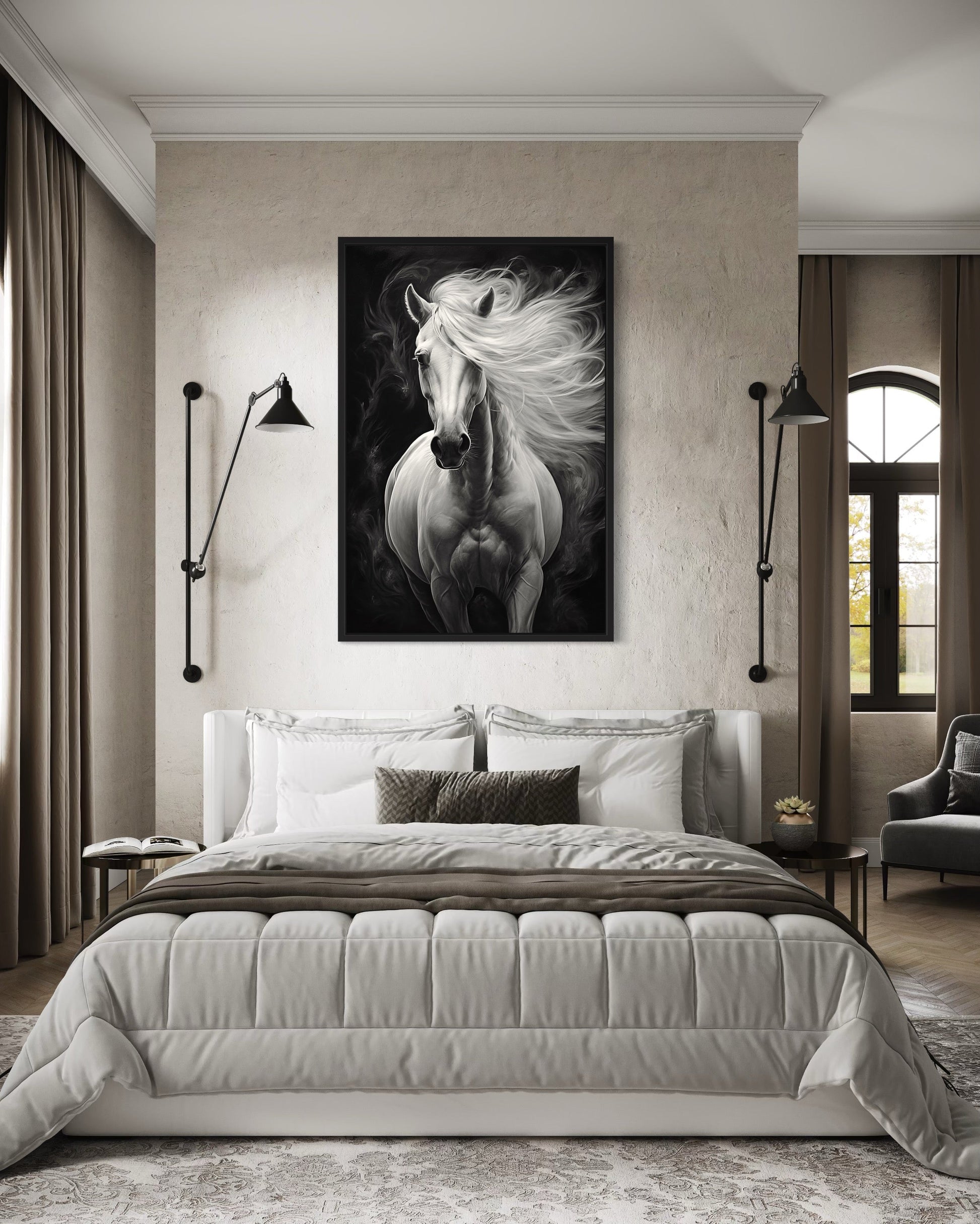 Beautiful White Horse On Black Background Framed Canvas Wall Art