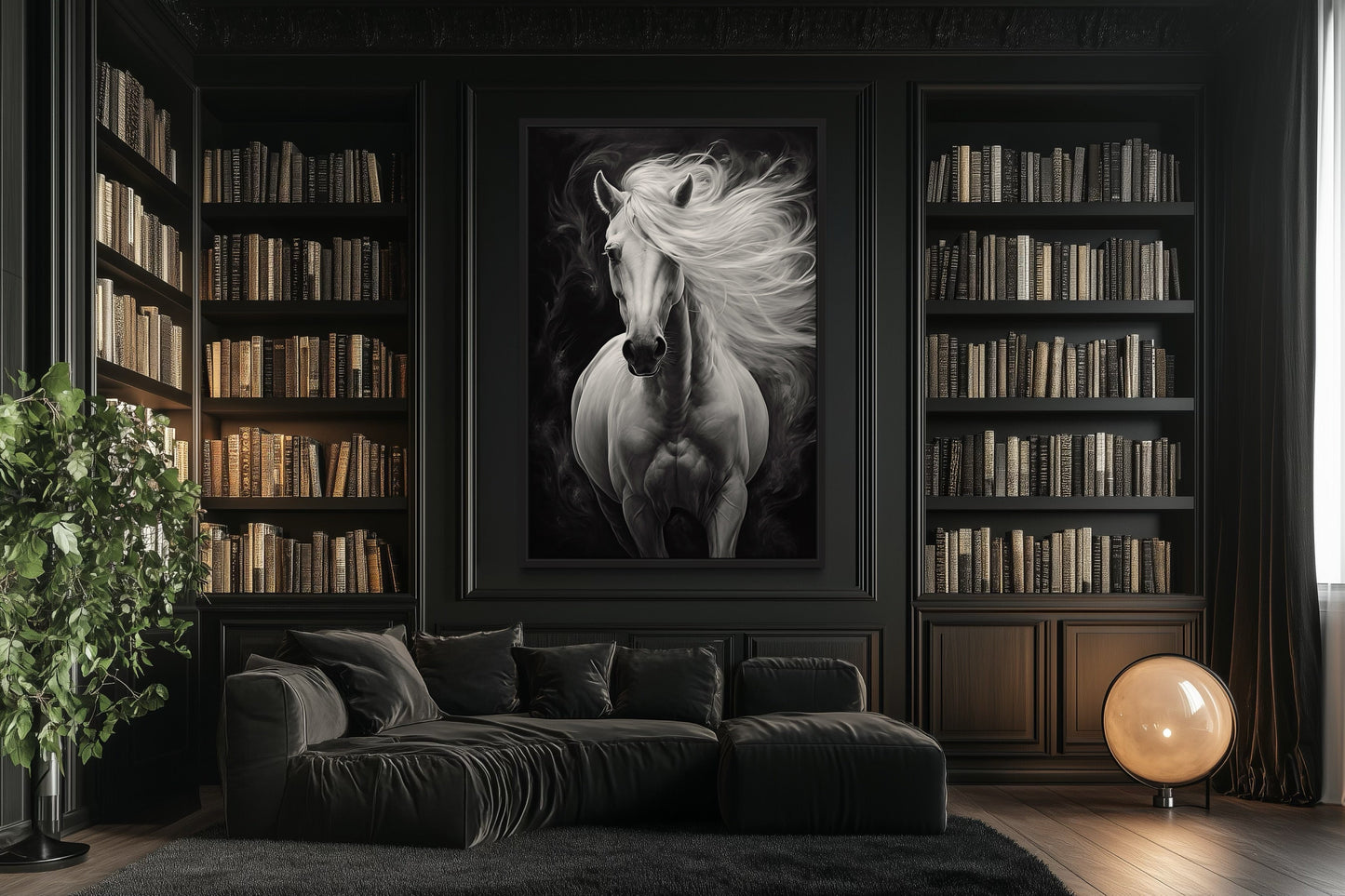 Beautiful White Horse On Black Background Framed Canvas Wall Art