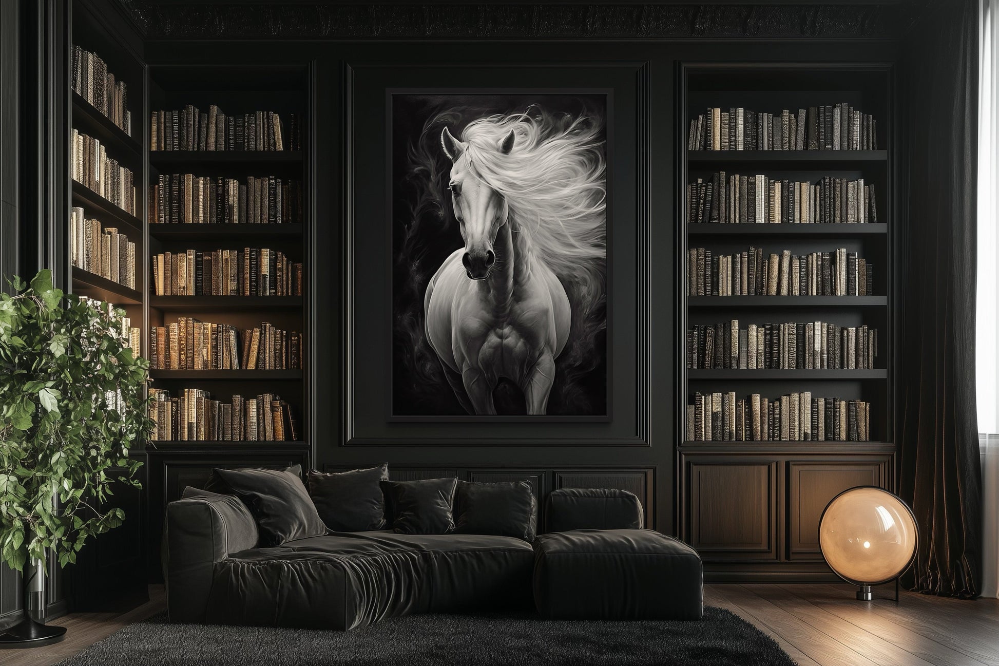 Beautiful White Horse On Black Background Framed Canvas Wall Art