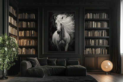 Beautiful White Horse On Black Background Framed Canvas Wall Art