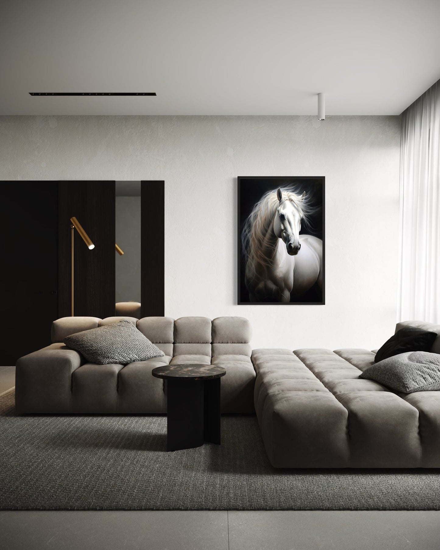 Beautiful White Horse On Black Background Framed Canvas Wall Art