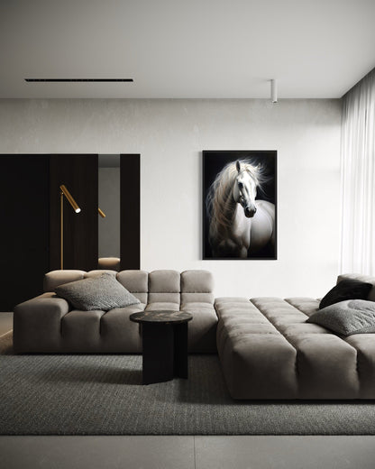 Beautiful White Horse On Black Background Framed Canvas Wall Art