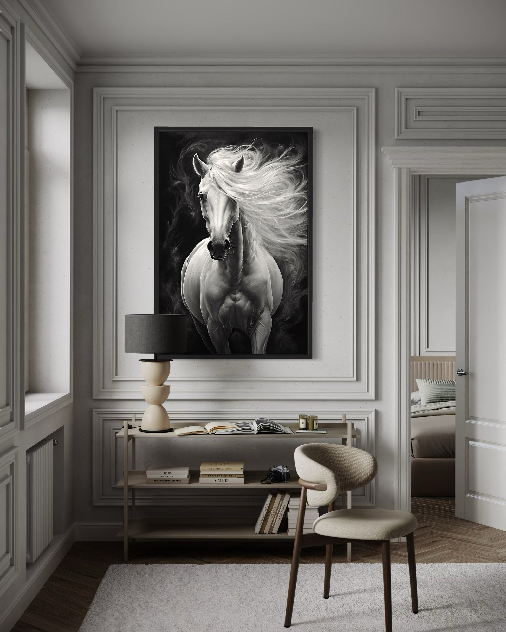 Beautiful White Horse On Black Background Framed Canvas Wall Art