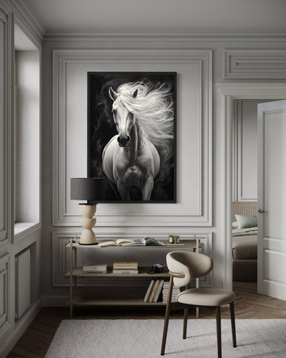 Beautiful White Horse On Black Background Framed Canvas Wall Art