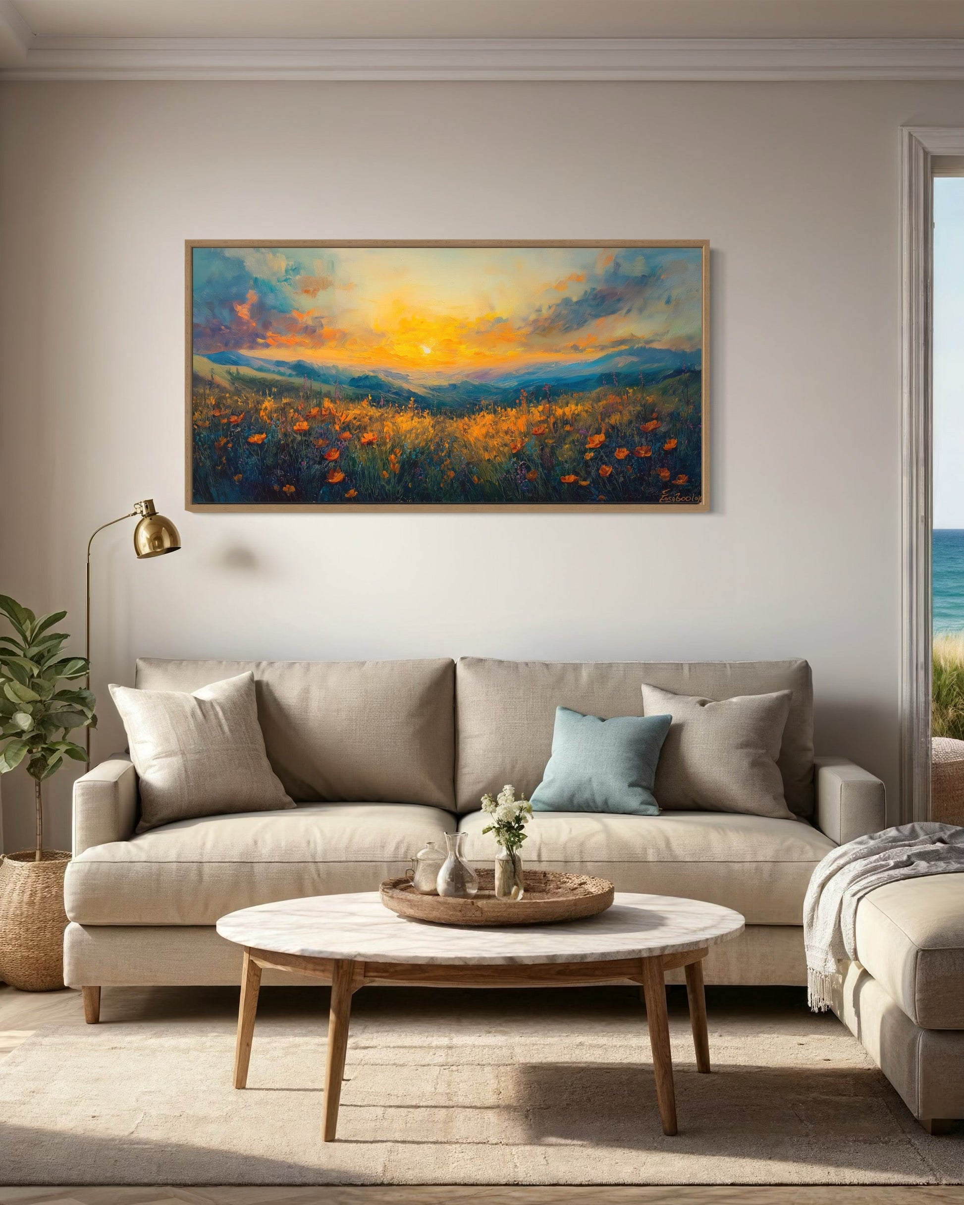 Beautiful Wildflower Field At Sunset Painting Framed Canvas Wall Art