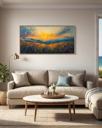 Beautiful Wildflower Field At Sunset Painting Framed Canvas Wall Art