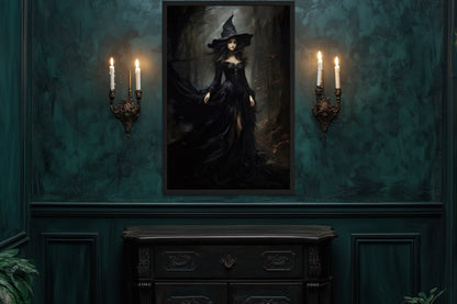 Beautiful Witch In Dark Forest Gothic Wall Decor Canvas Wall Art