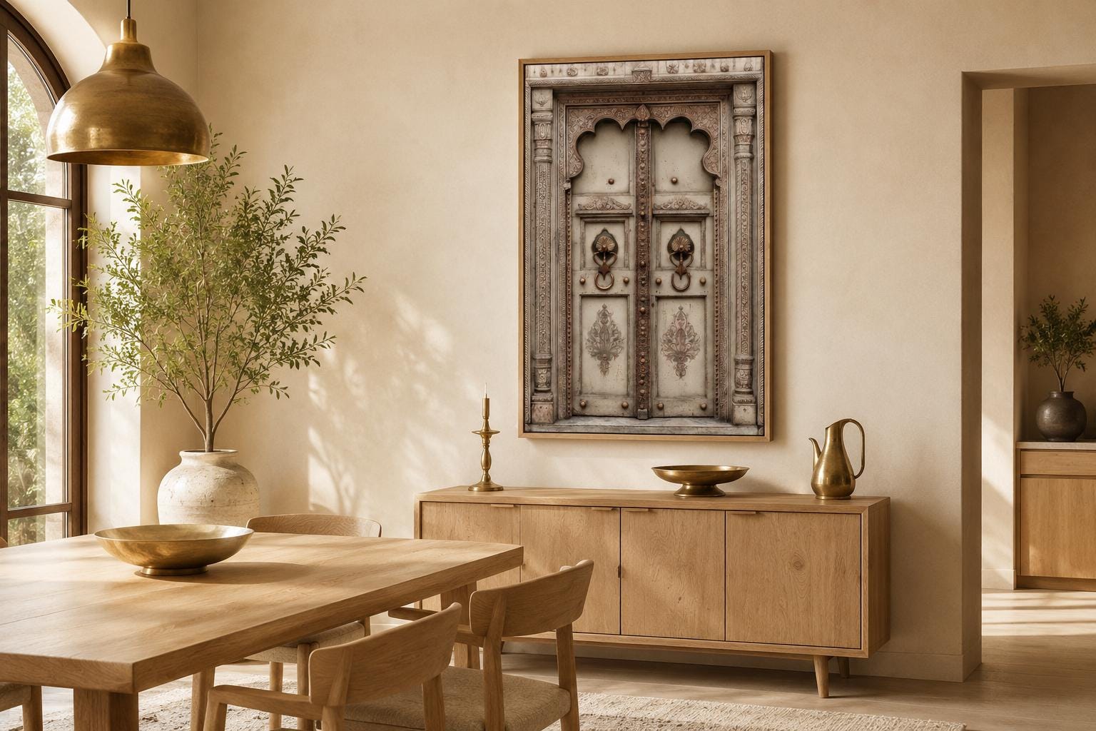 Beige Gold Indian Door Canvas Wall Art