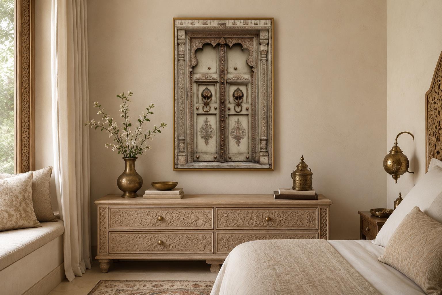 Beige Gold Indian Door Canvas Wall Art