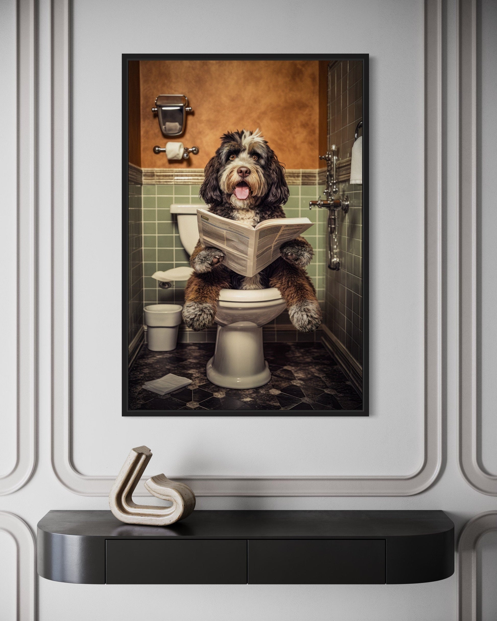 Bernedoodle Dog On The Toilet Reading Newspaper Picture Canvas Wall Art