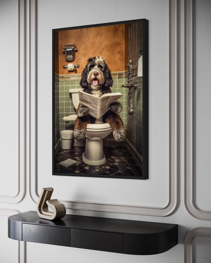Bernedoodle Dog On The Toilet Reading Newspaper Picture Canvas Wall Art