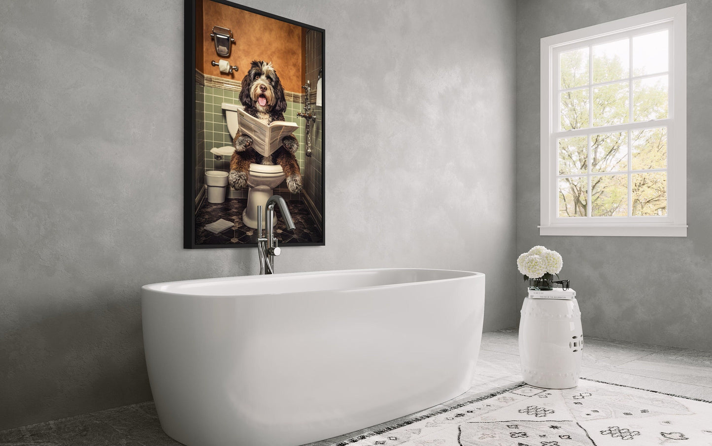 Bernedoodle Dog On The Toilet Reading Newspaper Picture Canvas Wall Art