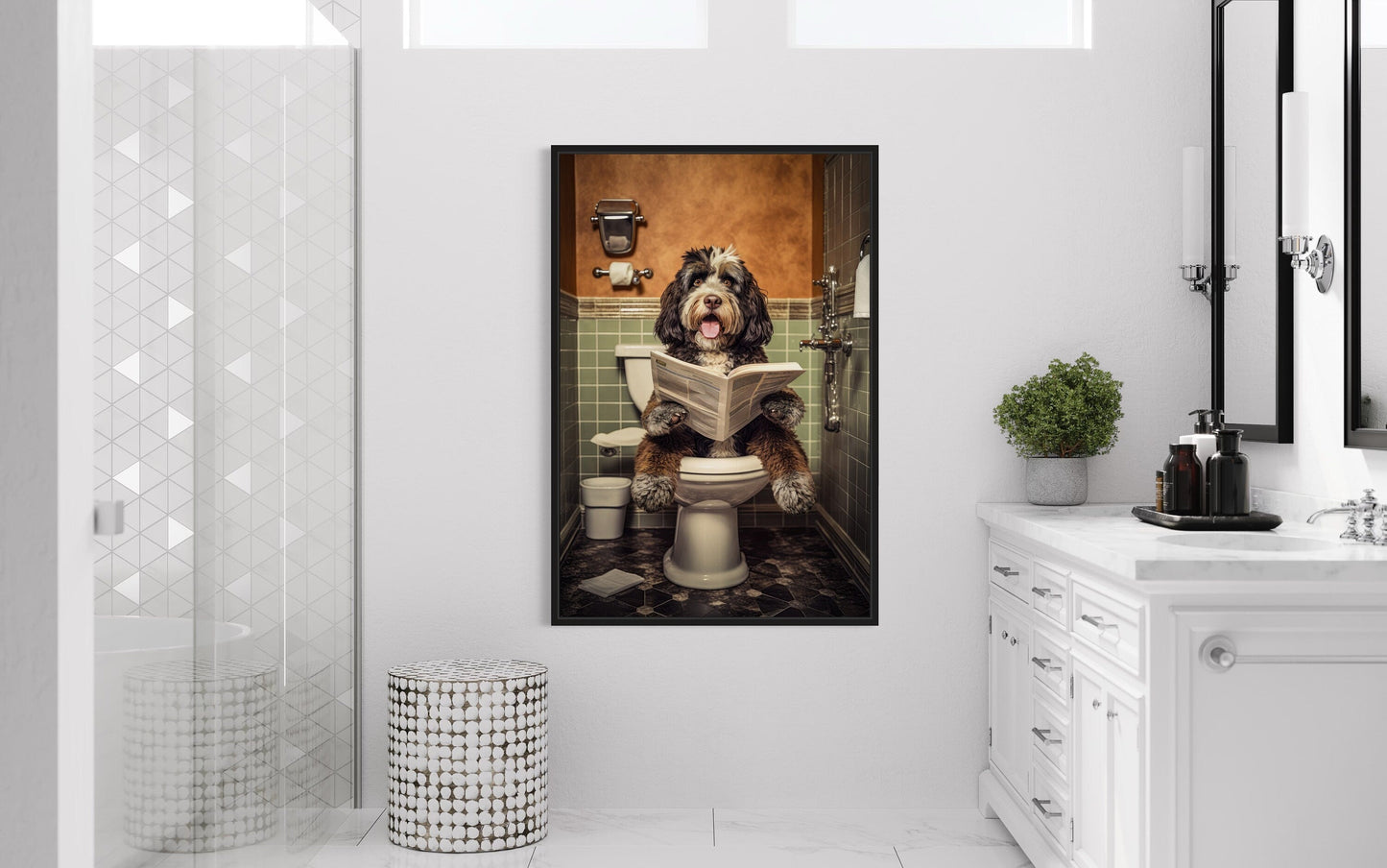 Bernedoodle Dog On The Toilet Reading Newspaper Picture Canvas Wall Art