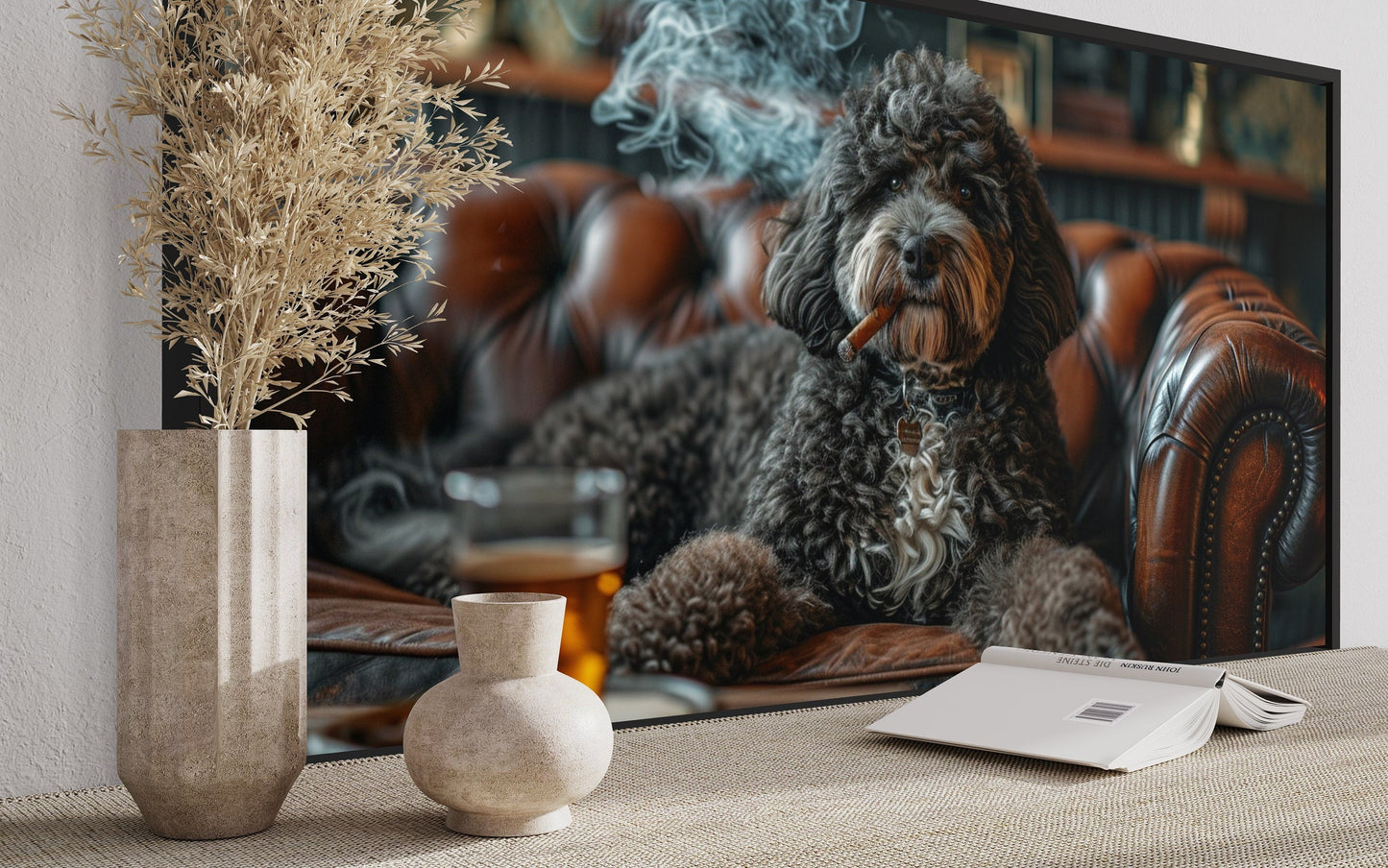 Bernedoodle Wall Art – Playful Dog Illustration on Framed Canvas for Man Cave Decor