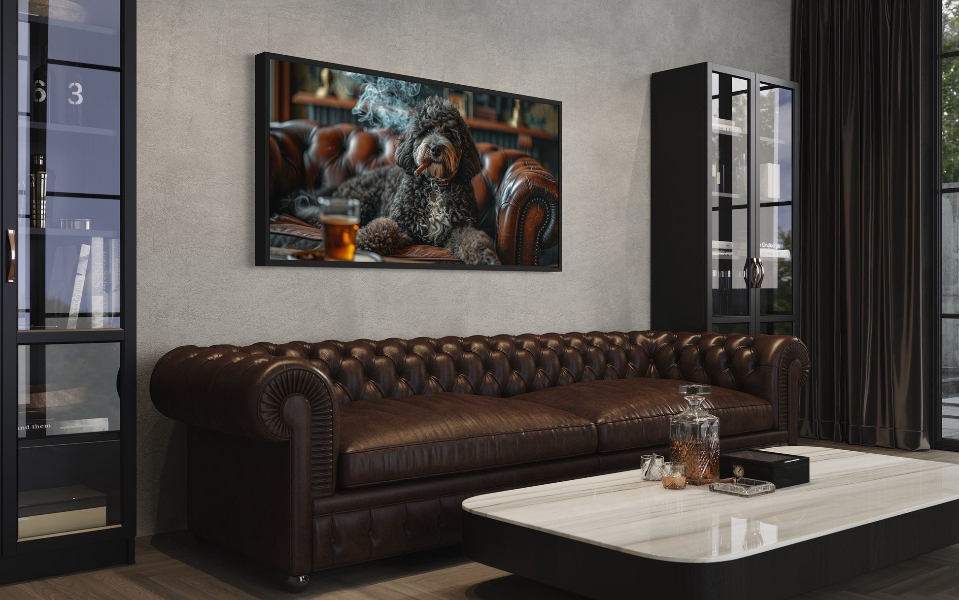 Bernedoodle Wall Art – Playful Dog Illustration on Framed Canvas for Man Cave Decor