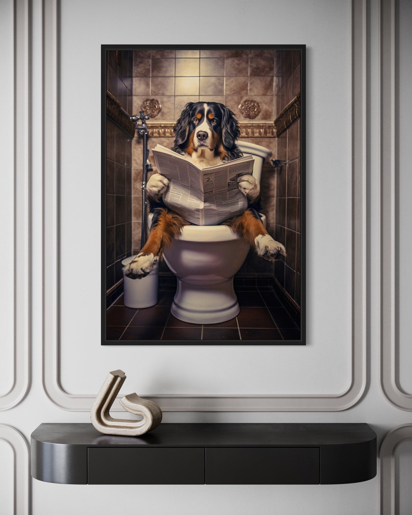 Bernese Mountain Dog On The Toilet Reading Newspaper Picture Canvas Wall Art