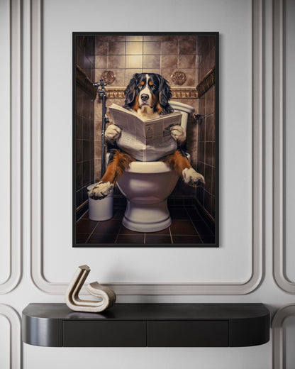 Bernese Mountain Dog On The Toilet Reading Newspaper Picture Canvas Wall Art