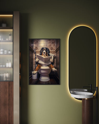 Bernese Mountain Dog On The Toilet Reading Newspaper Picture Canvas Wall Art
