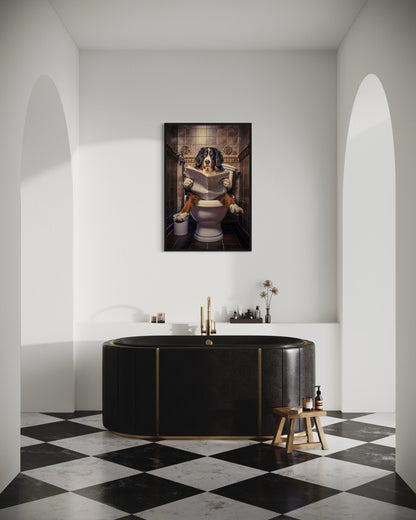 Bernese Mountain Dog On The Toilet Reading Newspaper Picture Canvas Wall Art