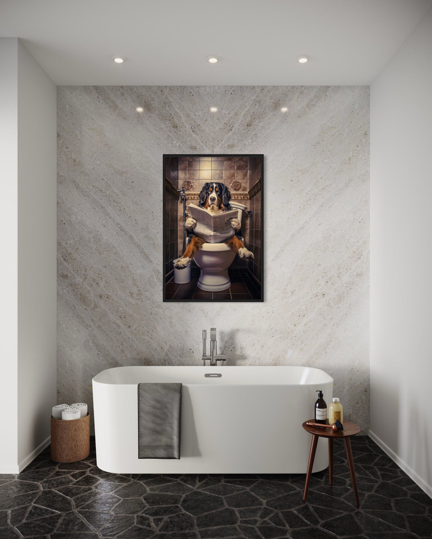 Bernese Mountain Dog On The Toilet Reading Newspaper Picture Canvas Wall Art