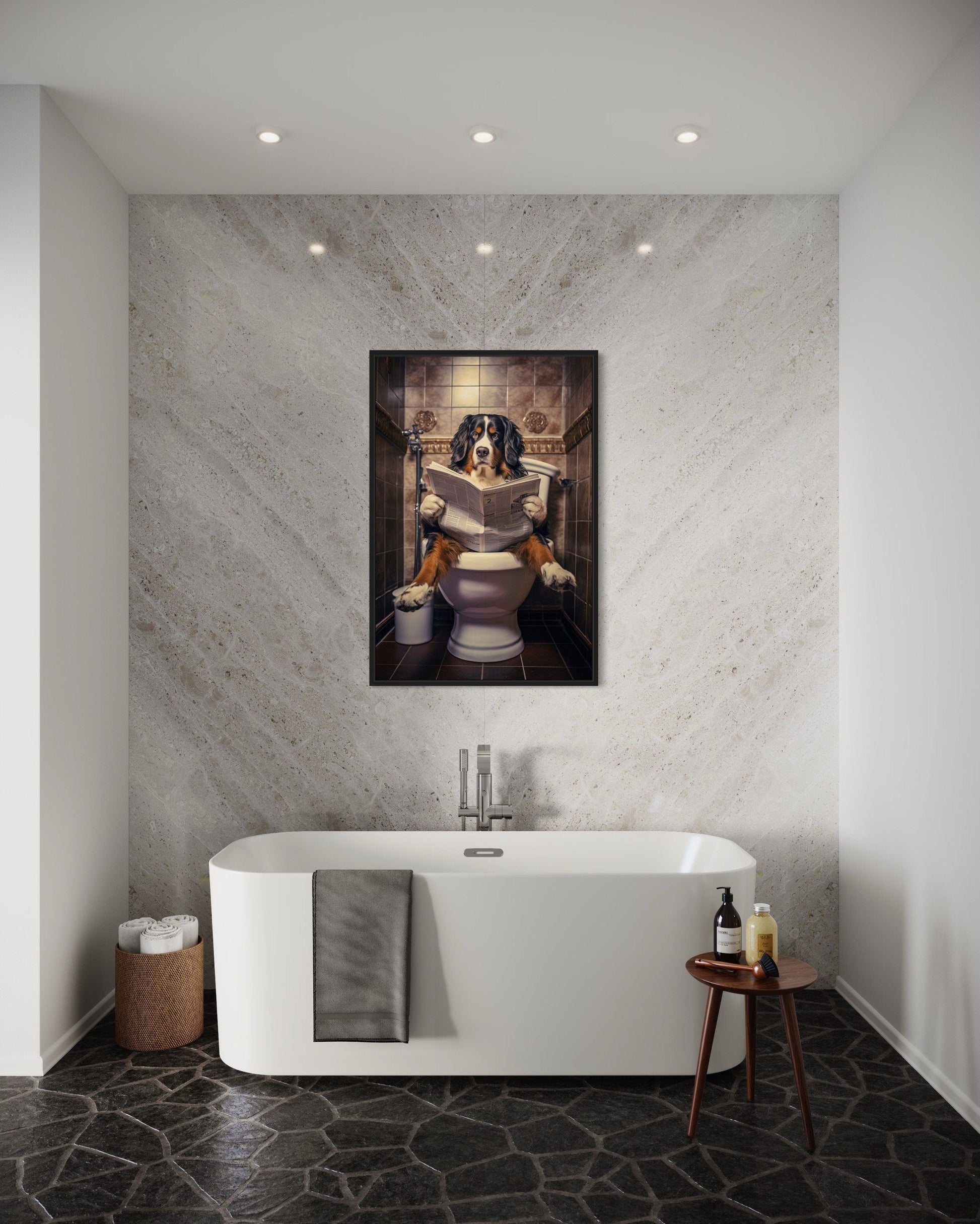 Bernese Mountain Dog On The Toilet Reading Newspaper Picture Canvas Wall Art