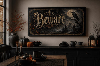Beware Halloween Sign – Vintage Halloween Canvas Print With Black Cat Pumpkin Art
