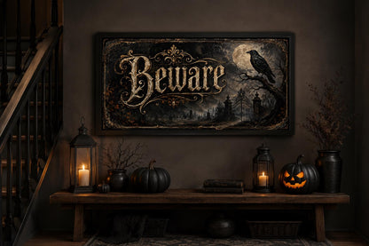 Beware Halloween Sign – Vintage Halloween Canvas Print With Black Cat Pumpkin Art