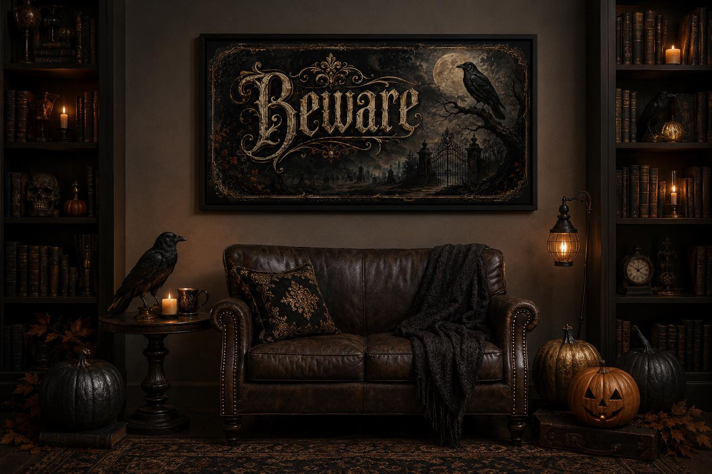 Beware Halloween Sign – Vintage Halloween Canvas Print With Black Cat Pumpkin Art