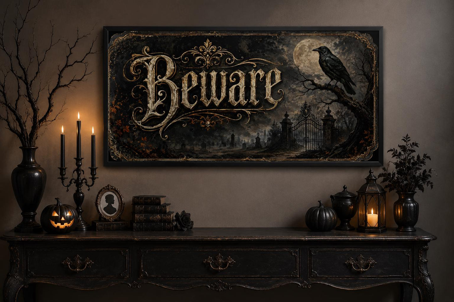 Beware Halloween Sign – Vintage Halloween Canvas Print With Black Cat Pumpkin Art