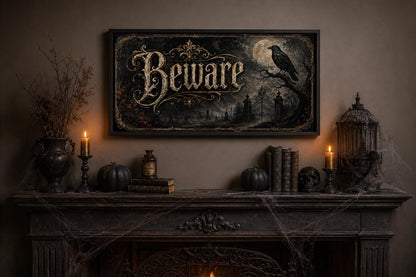 Beware Halloween Sign – Vintage Halloween Canvas Print With Black Cat Pumpkin Art