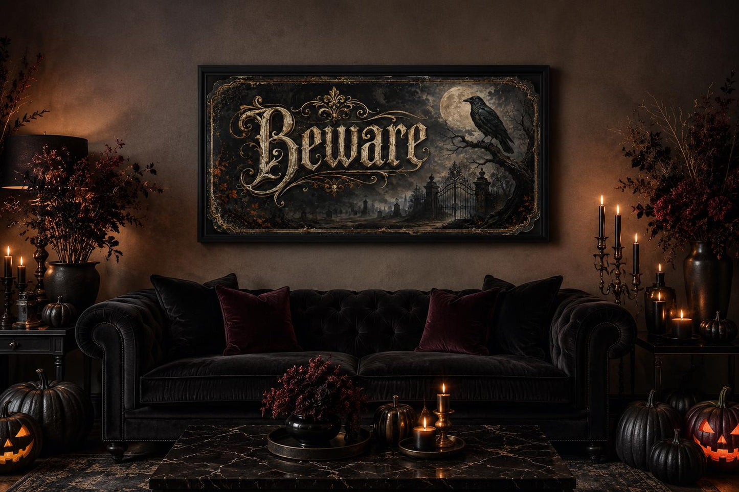 Beware Halloween Sign – Vintage Halloween Canvas Print With Black Cat Pumpkin Art