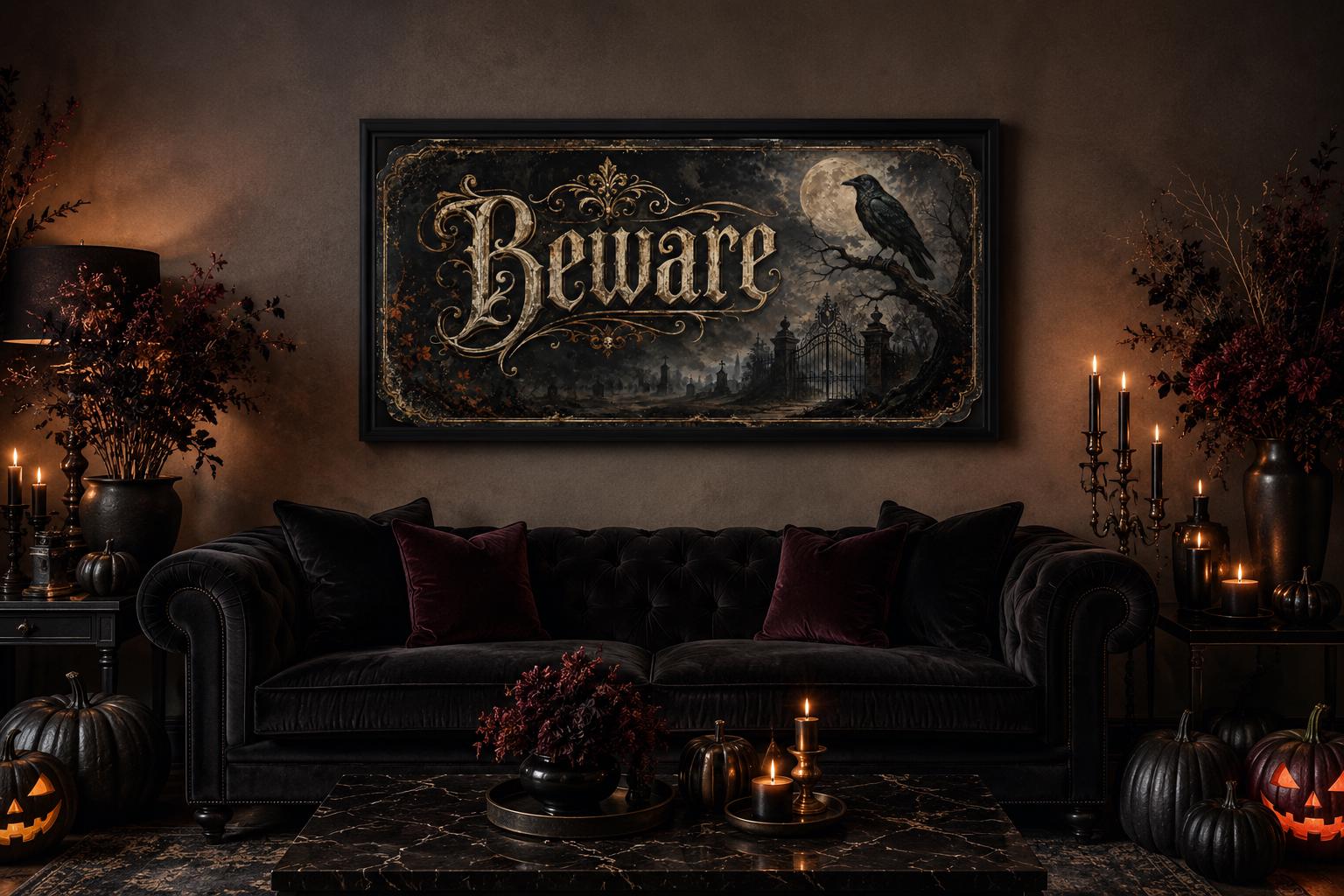 Beware Halloween Sign – Vintage Halloween Canvas Print With Black Cat Pumpkin Art