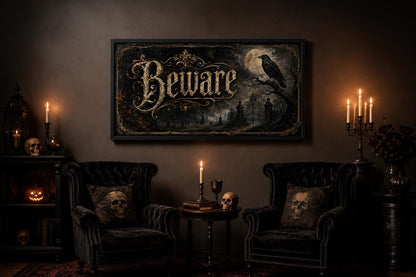 Beware Halloween Sign – Vintage Halloween Canvas Print With Black Cat Pumpkin Art
