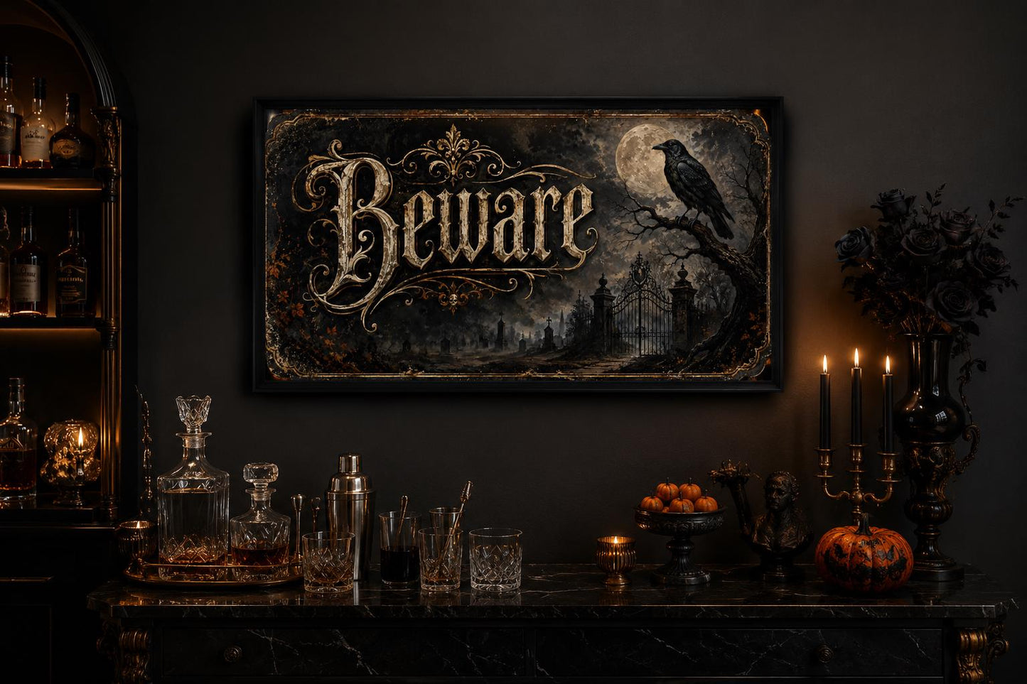 Beware Halloween Sign – Vintage Halloween Canvas Print With Black Cat Pumpkin Art
