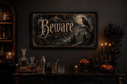 Beware Halloween Sign – Vintage Halloween Canvas Print With Black Cat Pumpkin Art