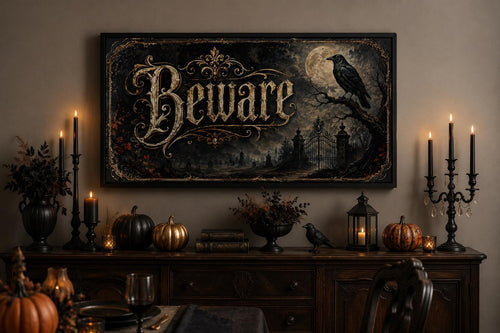 Beware Halloween Sign – Vintage Halloween Canvas Print With Black Cat Pumpkin Art