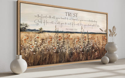Bible Verse Wall Art - Trust In The Lord Proverbs 3:5 Scripture Canvas with Wildflower Field