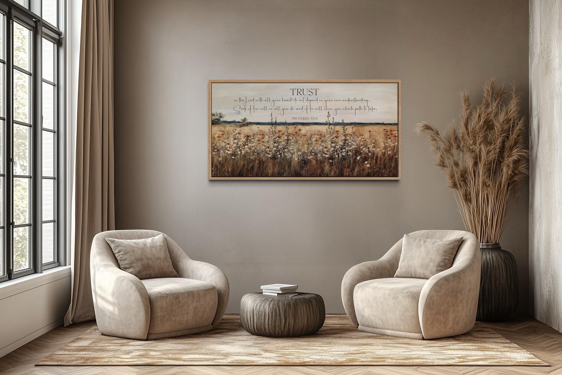 Bible Verse Wall Art - Trust In The Lord Proverbs 3:5 Scripture Canvas with Wildflower Field